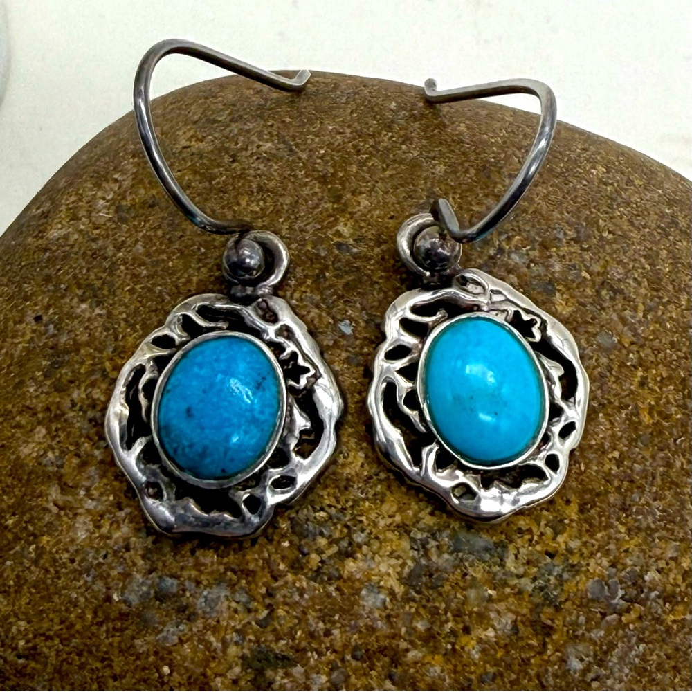 Vtg Turquoise 925 Sterling Silver Dangle Earrings